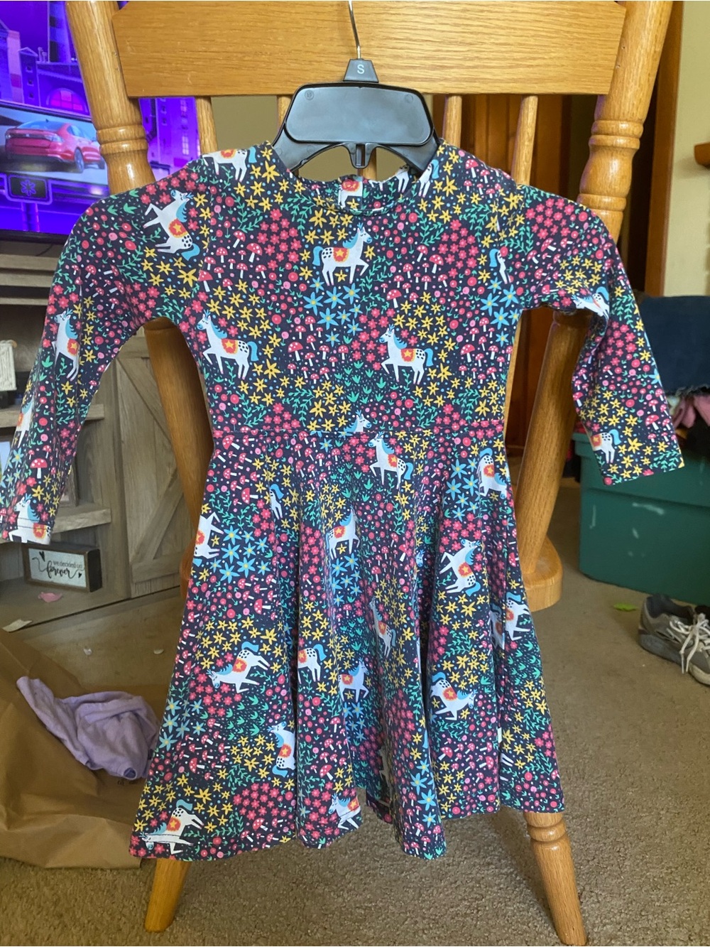 Frugi Organic Cotton Girls Unicorn Floral Long Sleeve Twirl Dress 3-4 Years